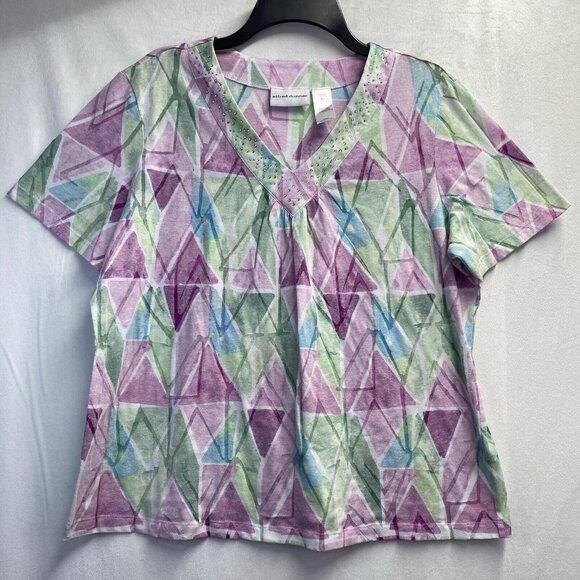 Alfred Dunner Studded VNeck Semi Sheer Short Sleeve Shirt Women Large Multicolor - Picture 1 of 13